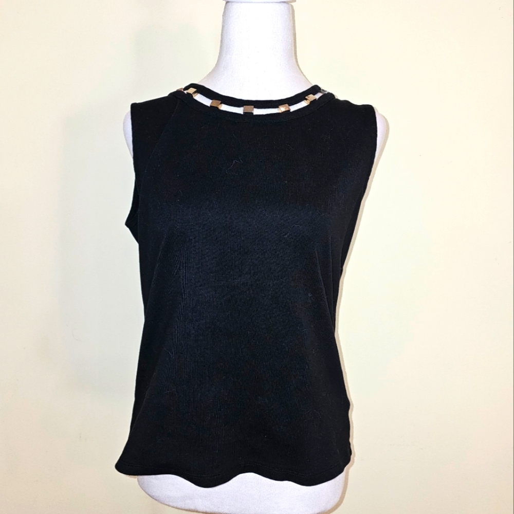RAFFAELLA Black sleeveless top with metallic accent around neck